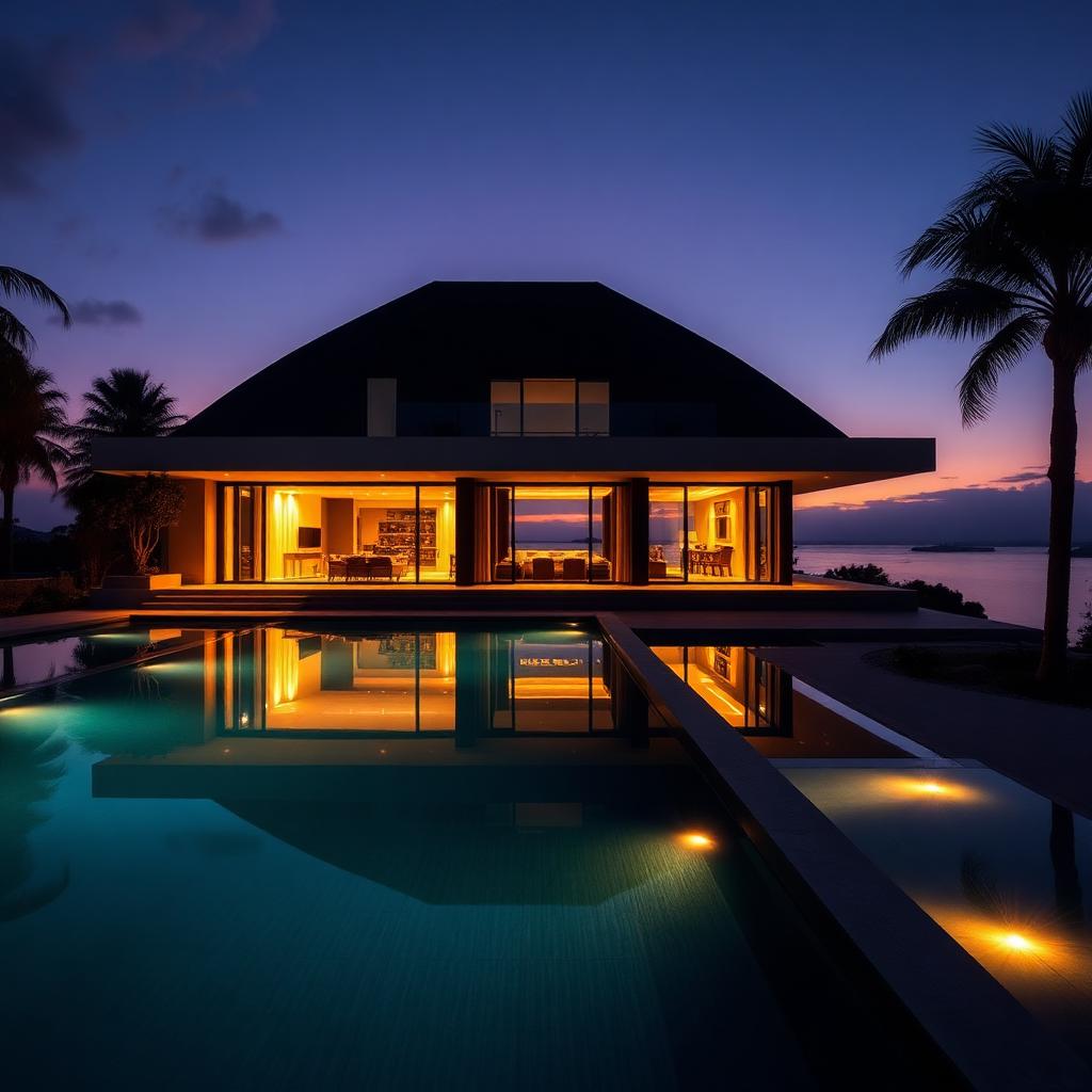Villa premium avec piscine au crépuscule