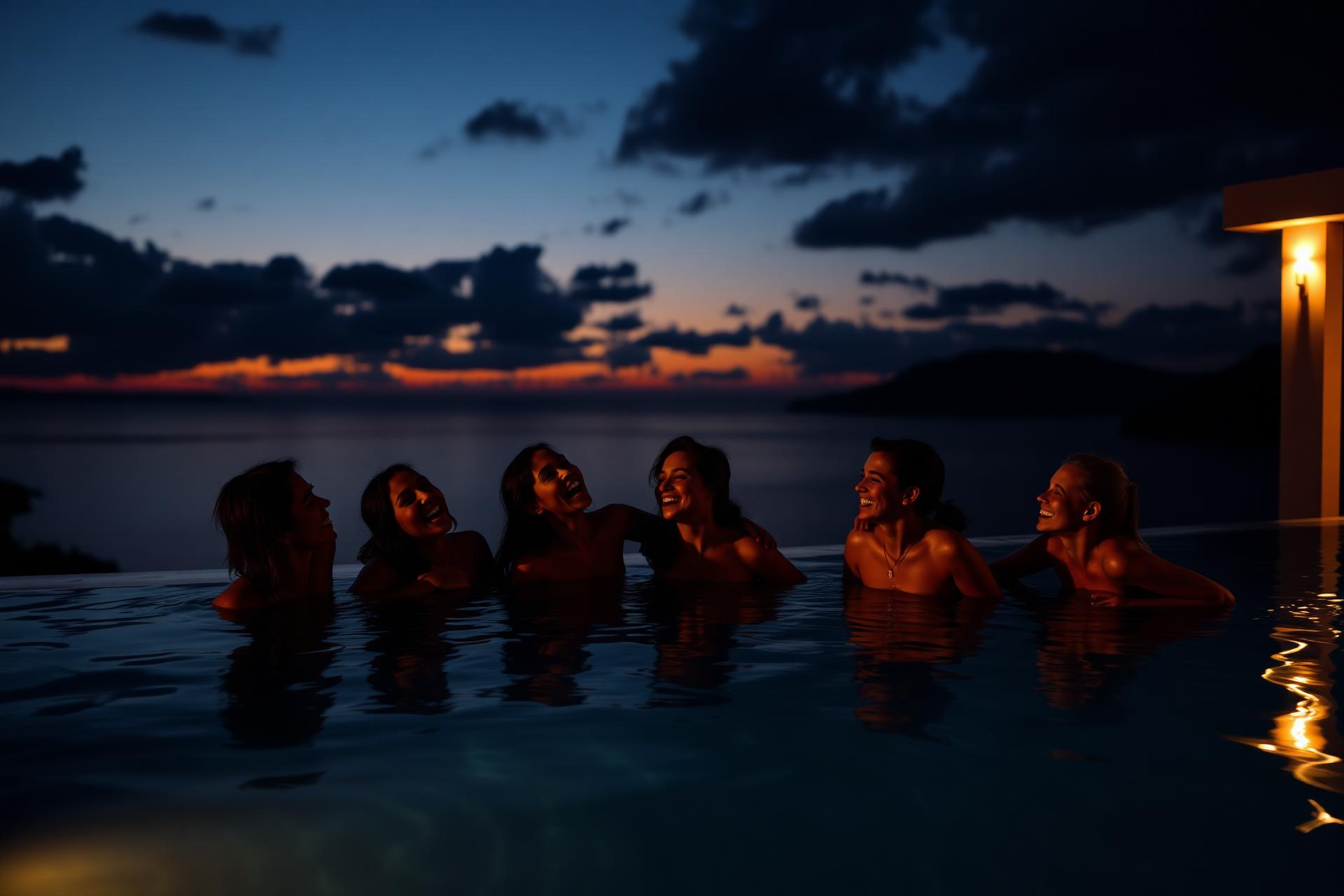 Adolescents profitant d'un séjour Koolo dans une villa avec piscine au coucher du soleil